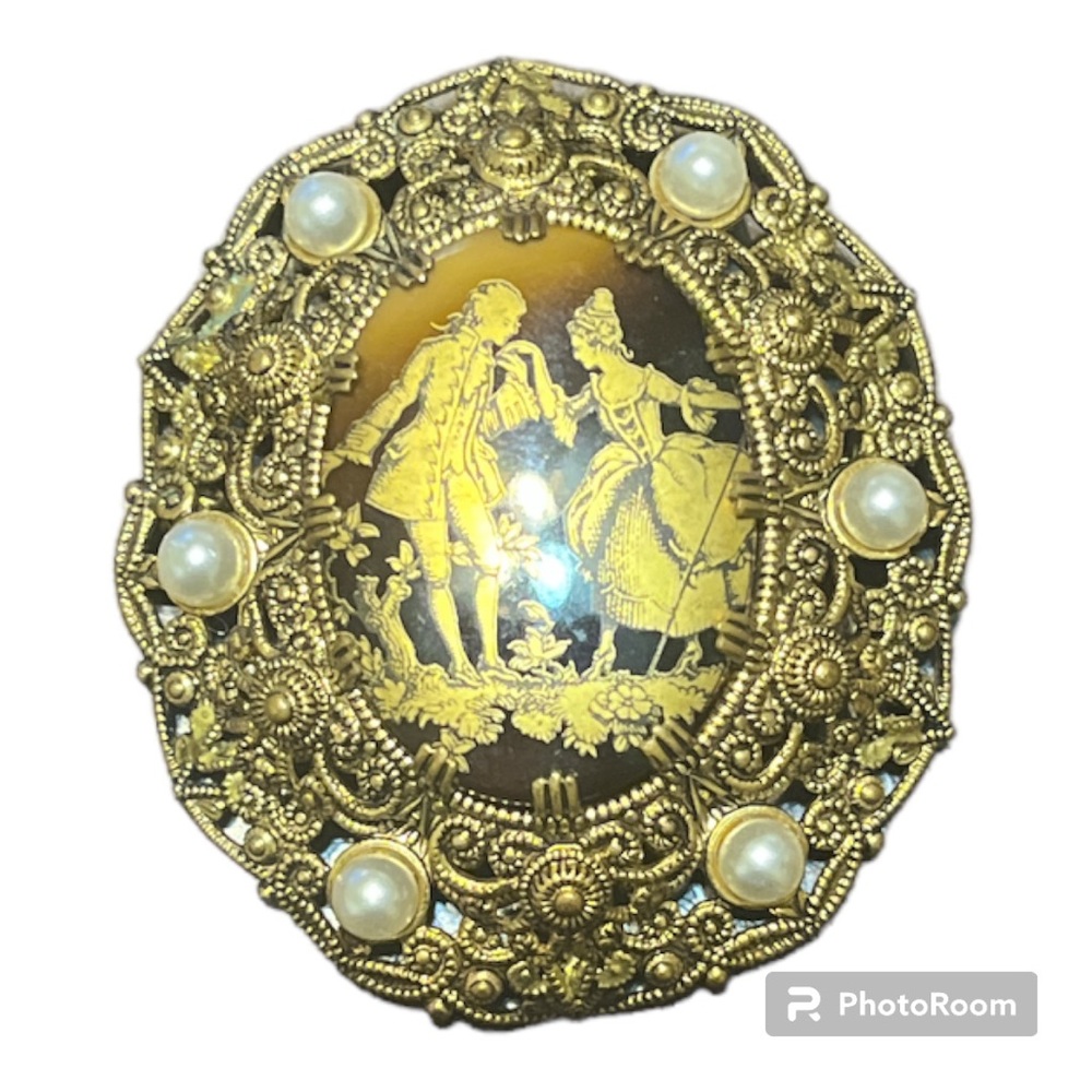 Vintage Gold Tone Damascene Picture Brooch